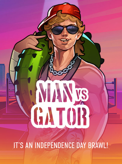 Mies, jolla on aurinkolasit ja punainen lippalakki, kantaa vihreää alligaattorin muotoista uimapatjaa. Taustalla on värikäs auringonlasku rantamaisemassa. Kuvassa on teksti "MAN vs GATOR" ja alhaalla lisäteksti "IT'S AN INDEPENDENCE DAY BRAWL!"