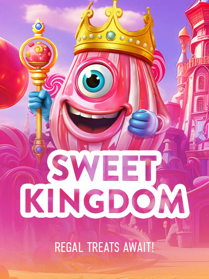 Hymyilevä yksisilmäinen karkkihahmo, jolla on kultainen kruunu ja valtikka, seisoo värikkäässä karkkikuningaskunnassa. Taustalla näkyy vaaleanpunaisia ja punaisia karkkirakennuksia. Kuvassa on teksti "SWEET KINGDOM" ja alhaalla lisäteksti "REGAL TREATS AWAIT!"