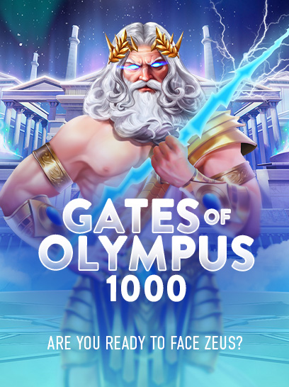 Valkopartainen Zeus seisoo temppelin edessä pidellen salamointia. Kuvassa on teksti "GATES OF OLYMPUS 1000" ja alhaalla kysymys "ARE YOU READY TO FACE ZEUS?"